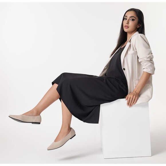 Women's Pointed Toe Knit Ballet Fashionable and Comfortable Dressy Flat Cream - Picture 6 of 6